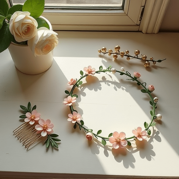DIY-hiuskoristeet morsiamelle vanity-pöydällä