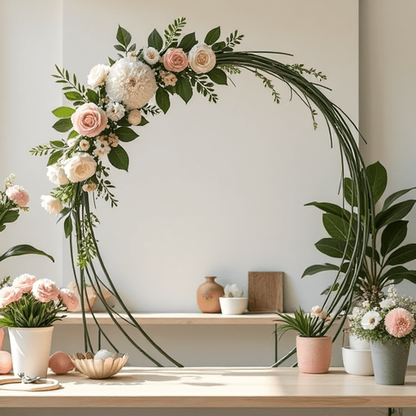 DIY-kukkakaaren työpiste materiaaleineen ja työkaluineen