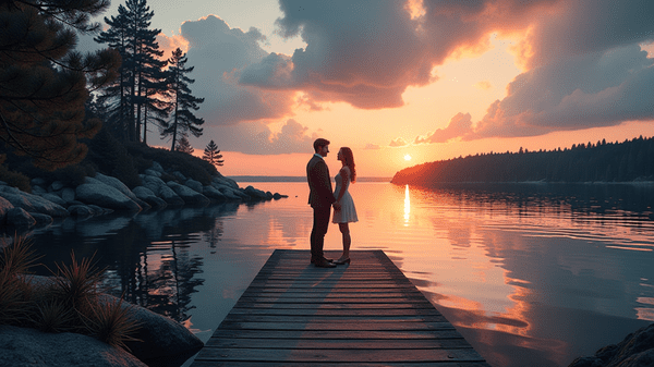 Hääpari saaristomaisemassa auringonlaskussa