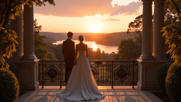 Hääpari Villa Åkerblomin parvekkeella auringonlaskussa