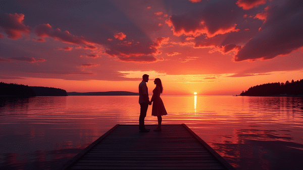 Hääpari Villa Wolaxin laiturilla auringonlaskussa