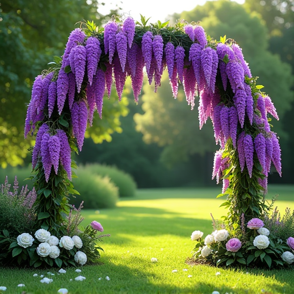 Kukkakaari purppuranvärisistä kukkivista wisterioista häissä