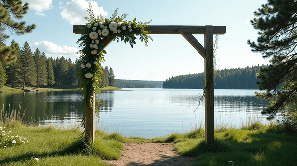 Kukkakoristeltu hääkaari Nuuksion järvimaisemassa