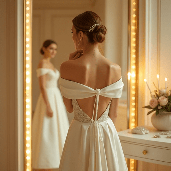 Morsian peilaa off-shoulder-häämekkoa