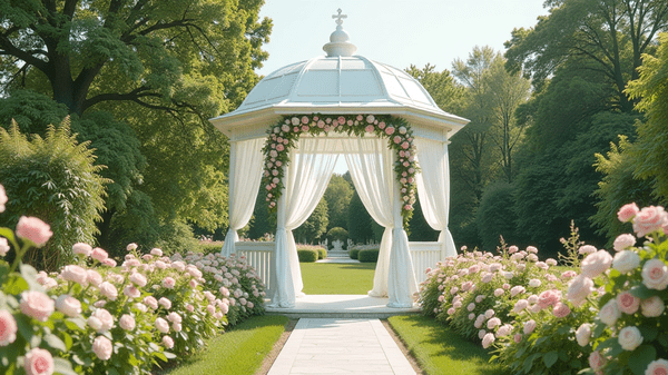 Romanttinen häägazebo Villa Åkerblomin puutarhassa
